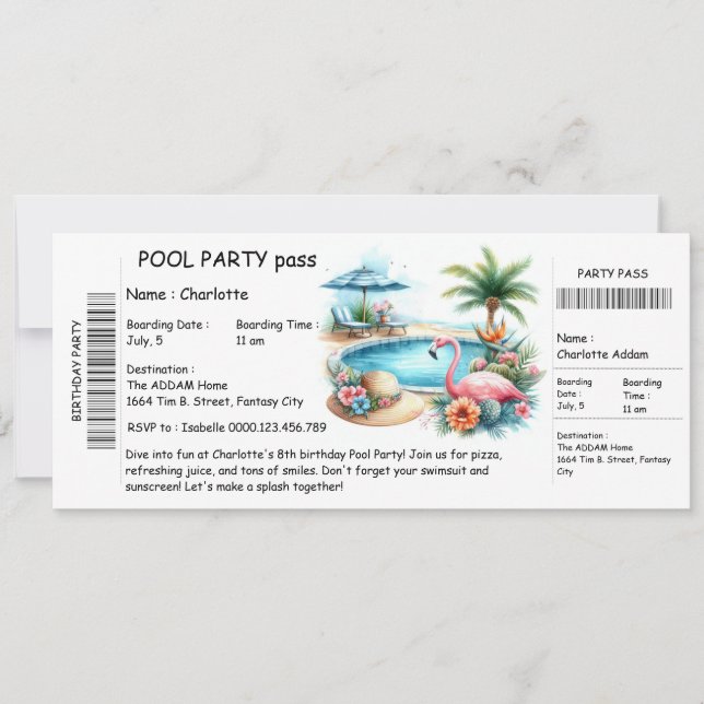 Ticket-Style Pool Party Invitation – Birthday Bash (Front)