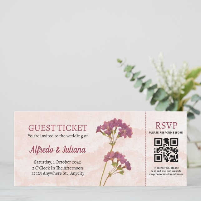 Ticket Style wedding Invitation with Rsvp QR code  (Standing Front)