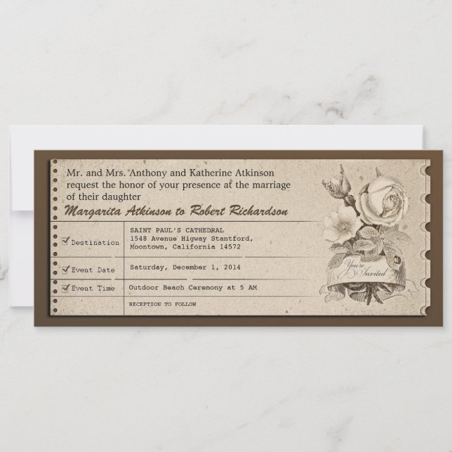 ticket vintage wedding invitations (Front)