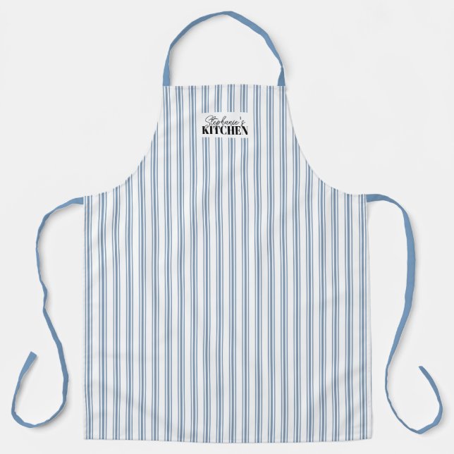 Ticking Stripe Vintage Farmhouse Blue Apron (Front)