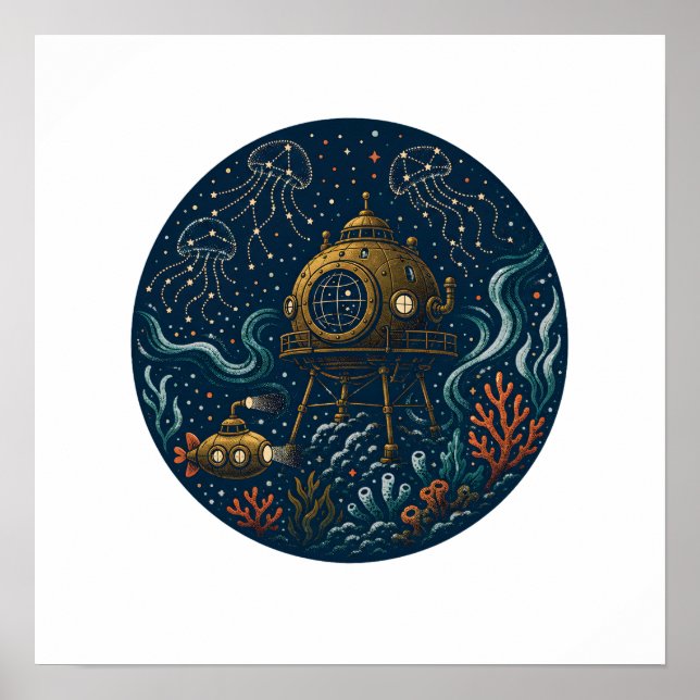 Tidal Observatory Deep Sea Submarine & Jellyfish P Poster (Front)