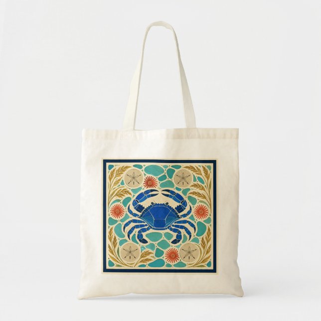 Tidepool Blue Crab Coastal Canvas Tote Bag (Front)