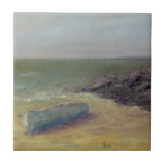 Tide's Rolling In - Boat on the Shore Tile<br><div class="desc">Tide's Rolling In by Marilyn Wendling. Boat resting in the sand as waves approach.</div>