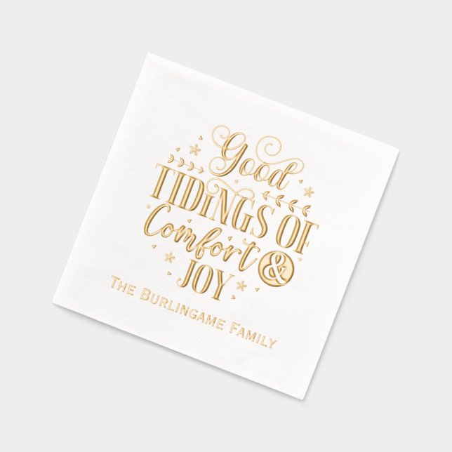 Tidings of Comfort and Joy Typography Family Name Foil Napkins (Left)