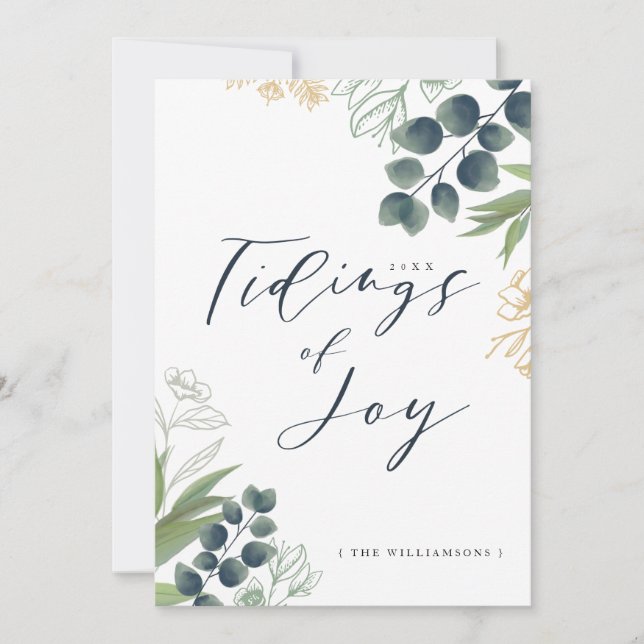Tidings of Joy | Elegant Watercolor Winter Foliage Holiday Card (Front)