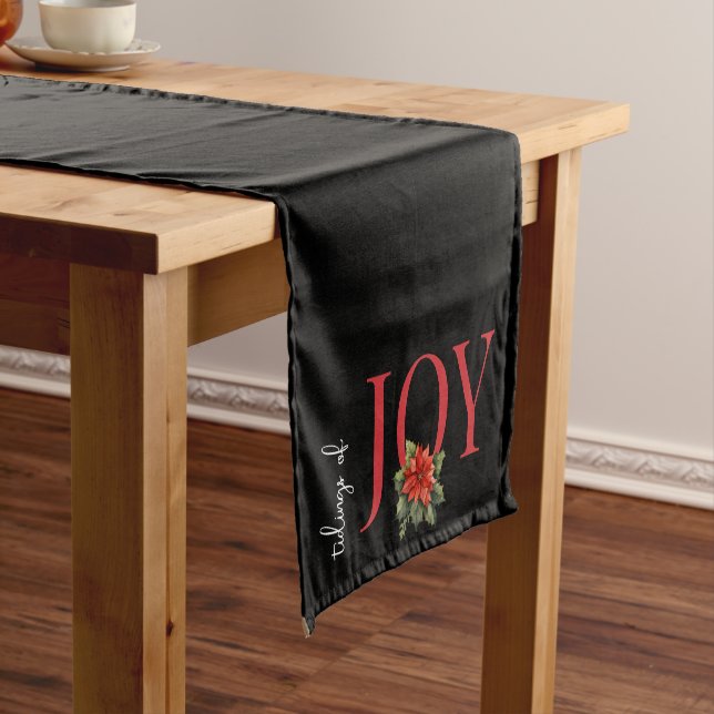 TIDINGS OF JOY RED CHRISTMAS POINSETTIA on BLACK,  Short Table Runner (In Situ)