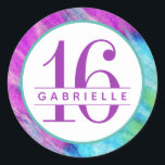 Tie Dye 16th Birthday Personalised Purple Birthday Classic Round Sticker<br><div class="desc">Bright hot pink and purple tie dye pattern sweet 16th birthday sticker with name in the middle of a teal and white circle with editable text to work for any teen birthday with a modern-retro hippy visco theme. The tiedye background has a faux fabric texture to look like a shirt...</div>