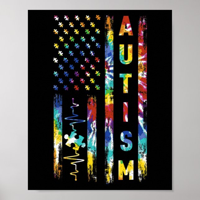 Tie Dye American Flag Autism Awareness Support Tea Poster (Front)