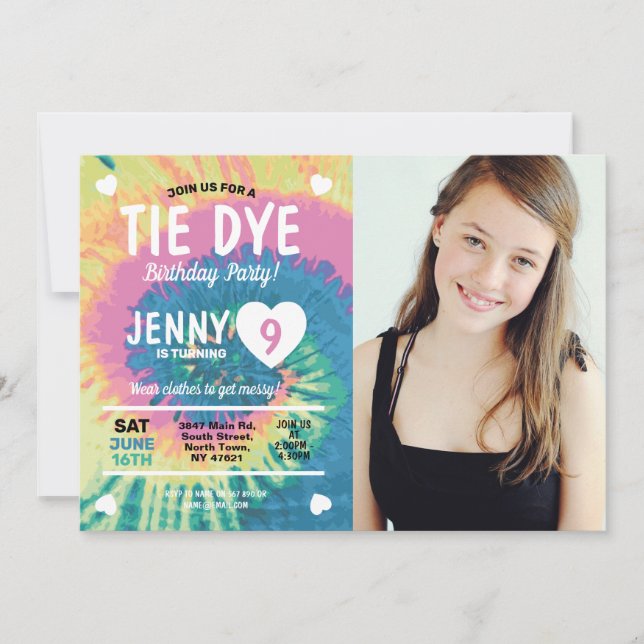 Tie Dye Birthday Get Messy Fun Girls Photo Invitation (Front)