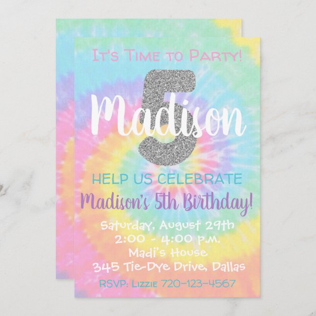 Tie Dye Birthday Invitation 5th Birthday (Front/Back)
