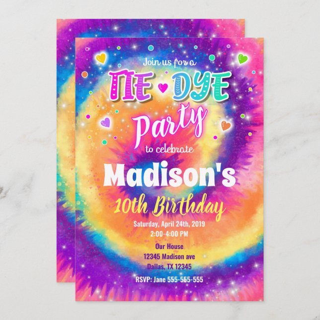 Tie Dye Birthday Invitation, Hippie Birthday Invitation (Front/Back)