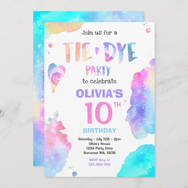Tie Dye Birthday Party Bright Tie Dye Hippy Party Invitation (Front/Back)