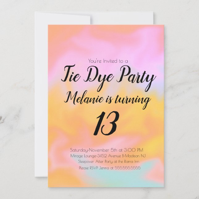 Tie Dye Birthday Party Colourful Pink Orange Invitation (Front)