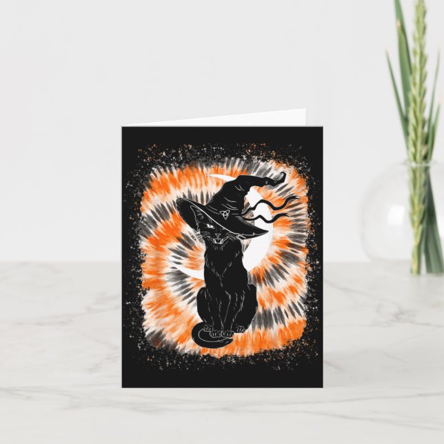 Tie Dye Bleached Y Halloween Black Cat Witch Hat Card (Front)