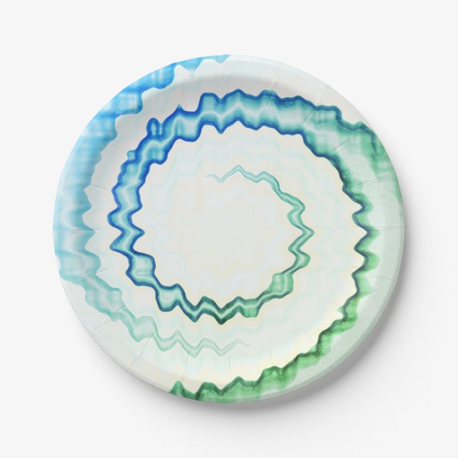 Tie dye blue green white swirl pattern party paper plate (Front)