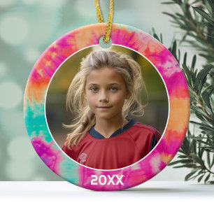 Tie Dye Border with Photo and Year - pink teal Ceramic Tree Decoration