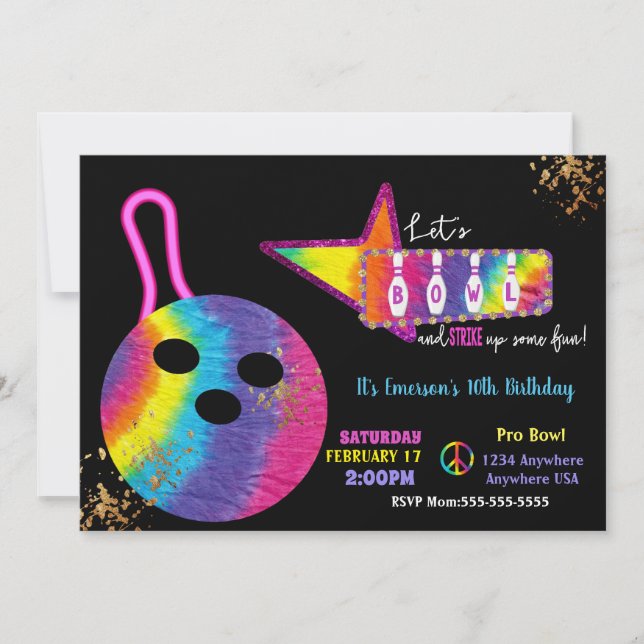 Tie Dye Bowling party, Birthday 70's  glow bowling Invitation (Front)