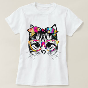 Tie-Dye Cat Face with Glasses Design T-Shirt