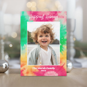Tie Dye Christmas - Photo with Colourful Print Holiday Card