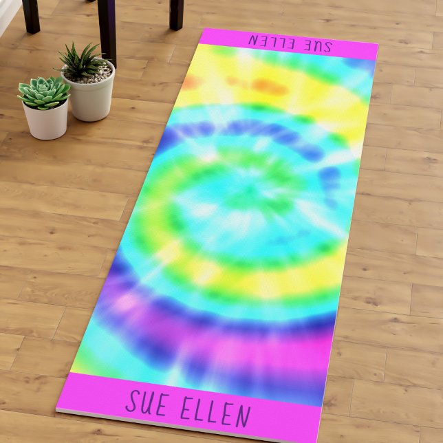 Tie Dye Colourful Rainbow Swirl Yoga Mat (A colorful tie dye yoga mat to take you to another dimension. Just add your name)