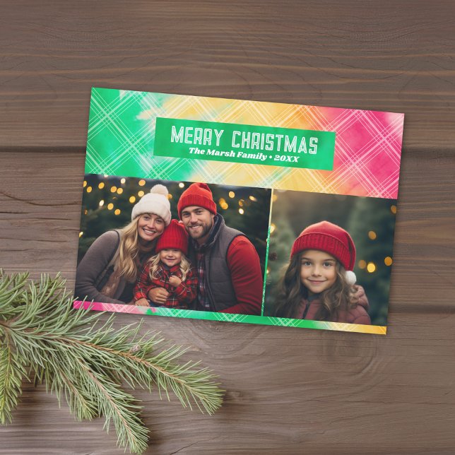 Tie Dye Eye Catching Red Green 2 Photo Collage Holiday Card (Tie Dye Christmas Card with 1 Photo - Download Option Available)