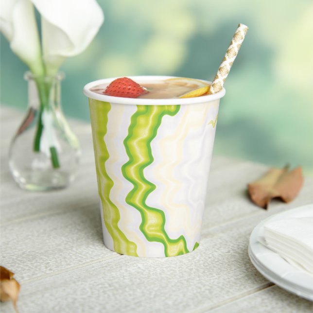 Tie dye green swirl funky retro pattern party paper cups (Insitu)