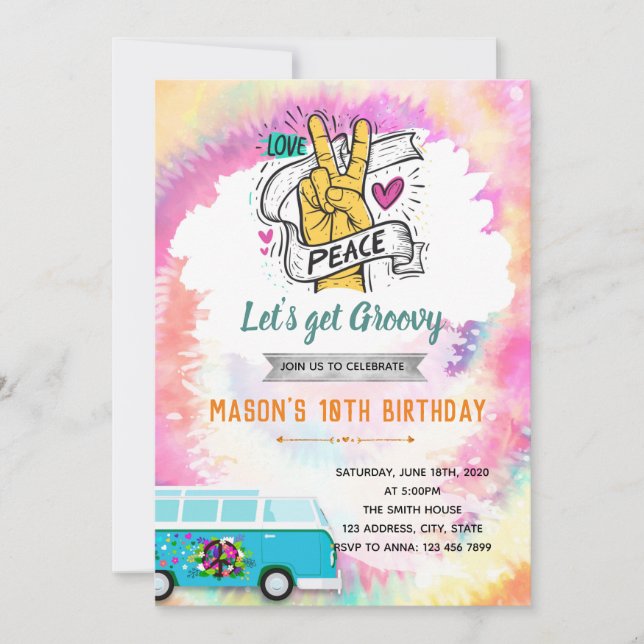 Tie dye groovy birthday invitation (Front)