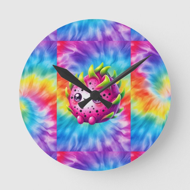 Tie-Dye Happy Dragon Fruit Round Clock (Front)