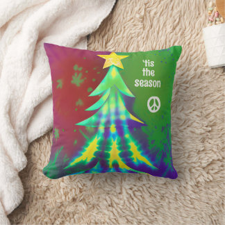 Tie Dye Hippie Christmas Tree with Peace Symbol Cushion