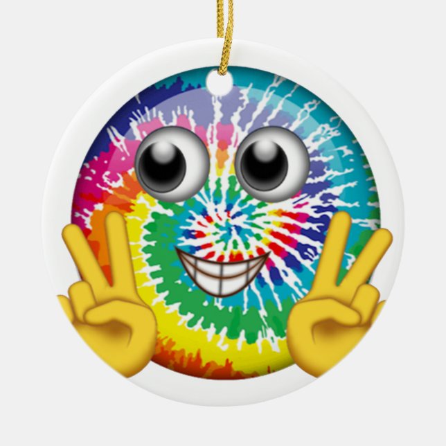 Tie-Dye Hippie Emoji Peace Sign Ceramic Tree Decoration (Front)