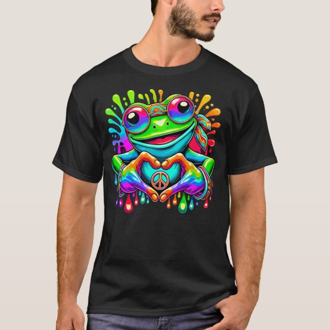 Tie-Dye Hippie Frog Peace Sign and Heart Sign T-Shirt (Front)