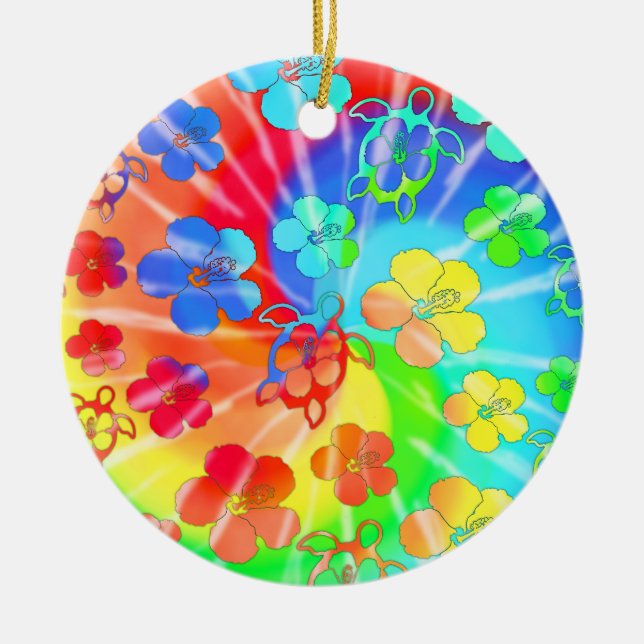 Tie Dye Honu And Hibiscus Ceramic Tree Decoration (Front)