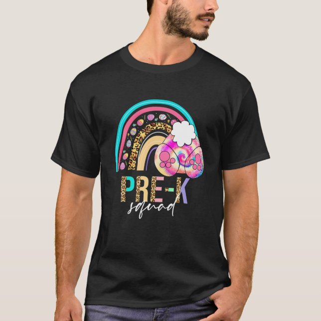 Tie Dye Leopard Rainbow Pre-K Bunny Easter Eggs Te T-Shirt (Front)