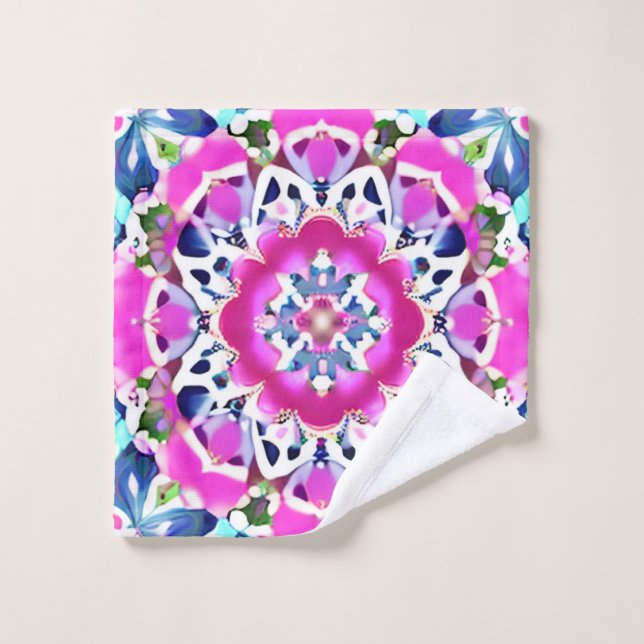 Tie Dye Mandala Pattern Denim Blue and Pink  Bath Towel Set (Wash Cloth)