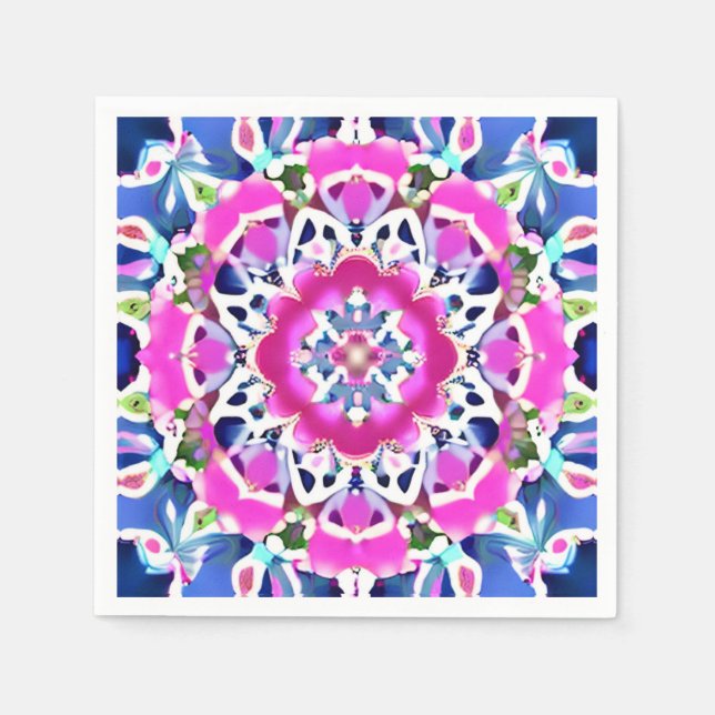 Tie Dye Mandala Pattern Denim Blue and Pink Napkin (Front)