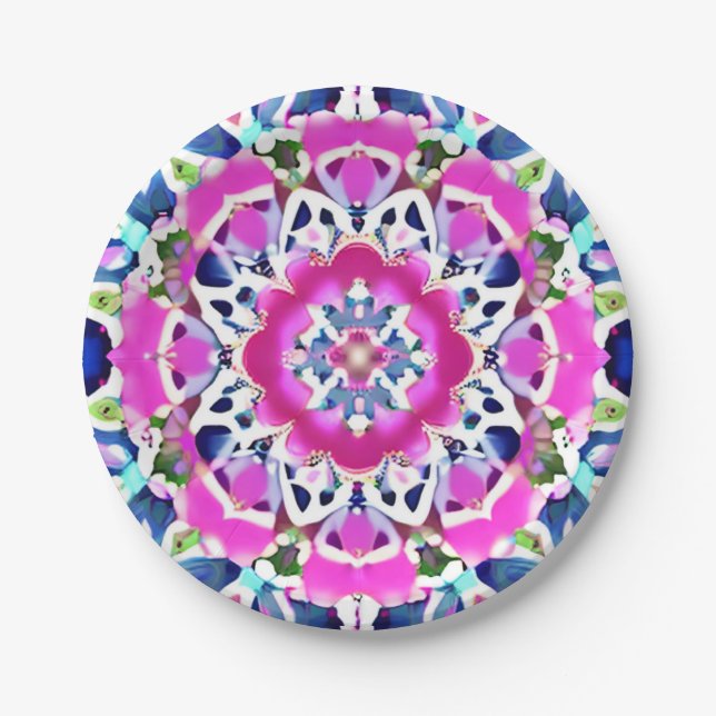 Tie Dye Mandala Pattern Denim Blue and Pink Paper Plate (Front)