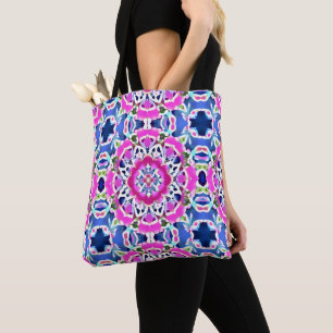 Tie Dye Mandala Pattern Denim Blue and Pink Tote Bag
