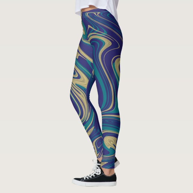 Tie Dye Marble Liquid Blue Gold Leggings (Left)