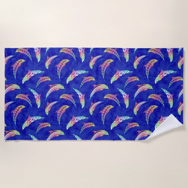 Tie Dye Marine Animals Dolphins Marlins Beach Towel (Front)
