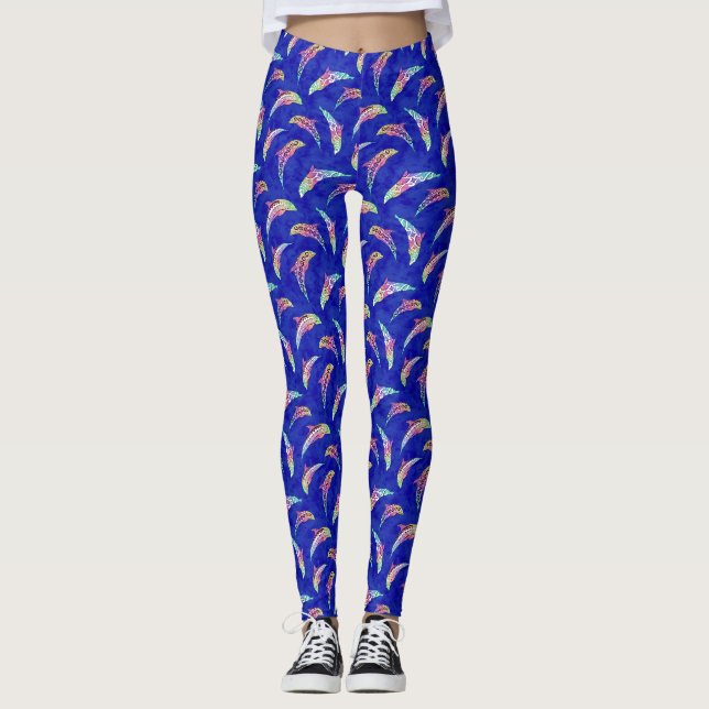 Tie Dye Marine Animals Dolphins Marlins Leggings (Front)