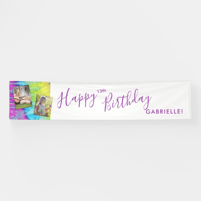 Tie Dye Modern Hippy Purple Happy Birthday Long Banner (Horizontal)