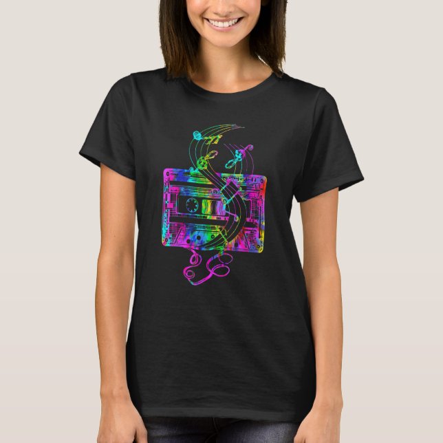 Tie Dye Music Notes Cassette Tape Retro 80s Casset T-Shirt (Front)