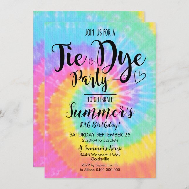 Tie Dye Party Invitation Hippy Tie Dye (Front/Back)