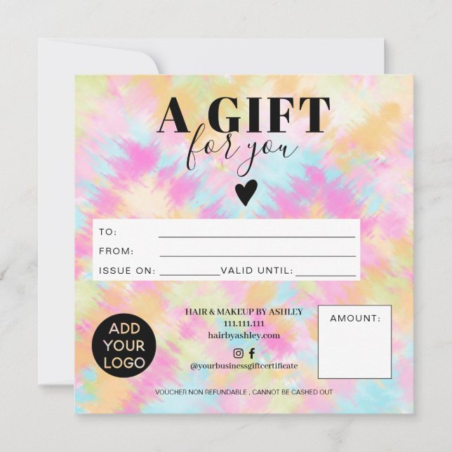 Tie dye pastel boho square gift certificate logo (Front)