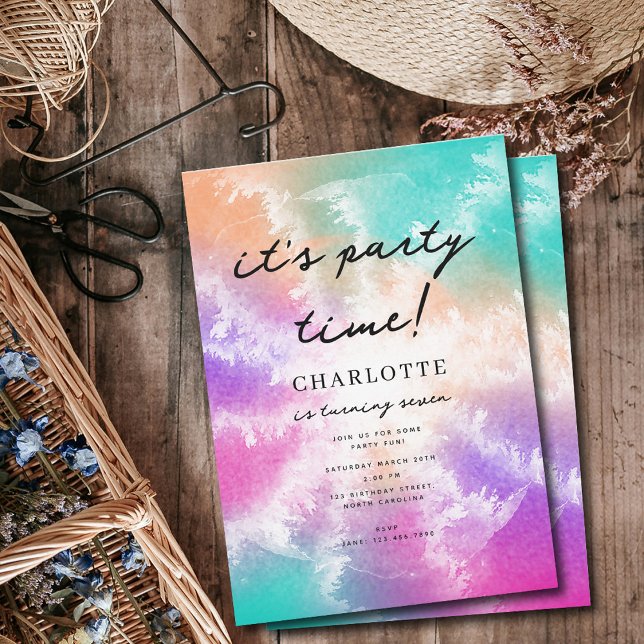 Tie Dye Pastel Pink Orange Teal Purple Birthday Invitation (Tie Dye Pastel Pink Orange Teal Purple Birthday Invitation)