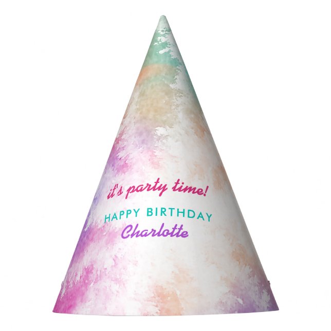 Tie Dye Pastel Pink Orange Teal Purple Birthday Party Hat (Front)