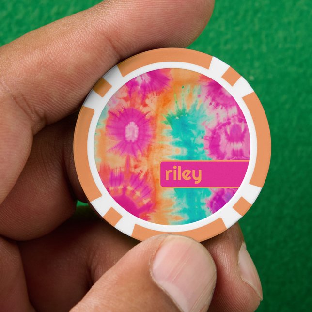 Tie Dye Pattern Hot Pink Orange Teal - custom name Poker Chips (Custom Poker Chip)