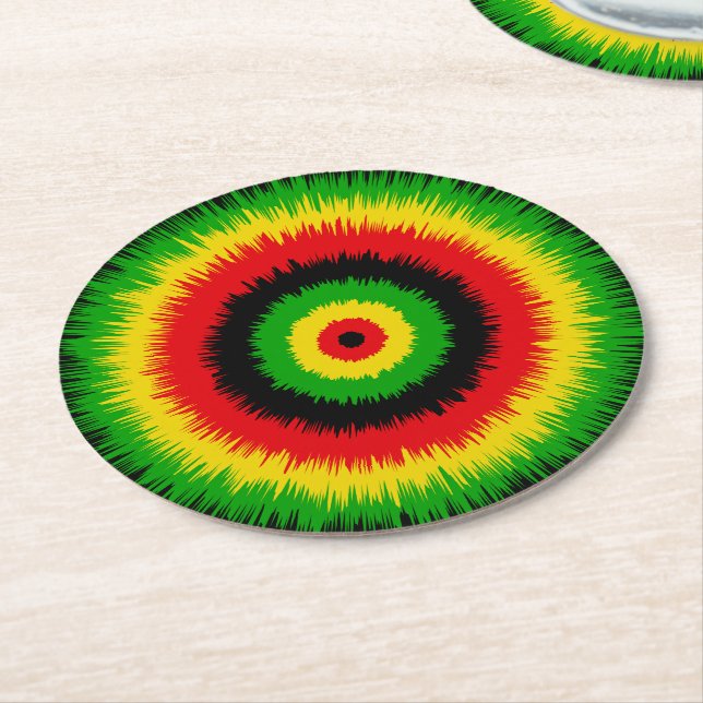 Tie Dye Pattern in Rasta Flag Colours Round Paper Coaster (Angled)