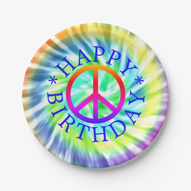 Tie Dye Peace Sign Happy Birthday Paper Plate (Front)
