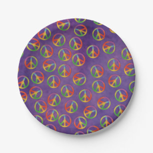 Tie Dye Peace Signs On Purple Paper Plate